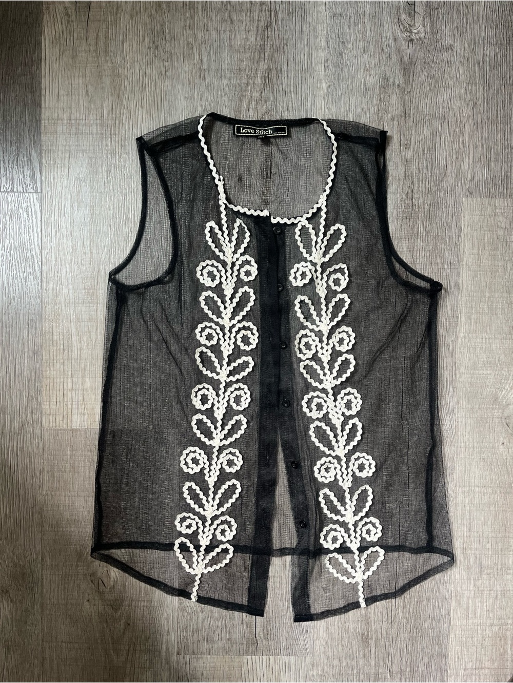 Love Stitch Black Sheer Button-Down Top with White Floral Embroidery